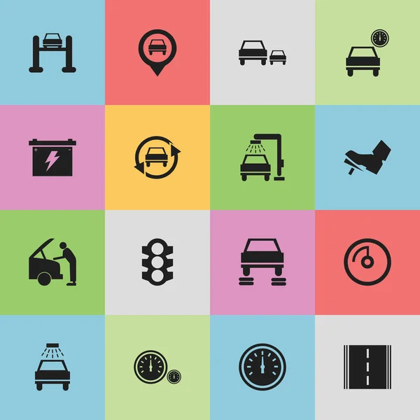 Набір з 16 значків редагування трафіку. Включає в себе такі символи, як налаштування авто, спідометр, шосе і багато іншого. Може використовуватися для веб, мобільного, інтерфейсу та інфографіки . — стоковий вектор