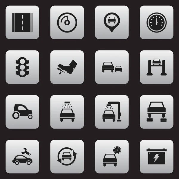 Satz von 16 editierbaren Auto-Symbolen. beinhaltet Symbole wie Fahrzeugwaschanlage, Lauffläche, Autobahn und vieles mehr. kann für Web-, Mobil-, UI- und Infografik-Design verwendet werden. — Stockvektor