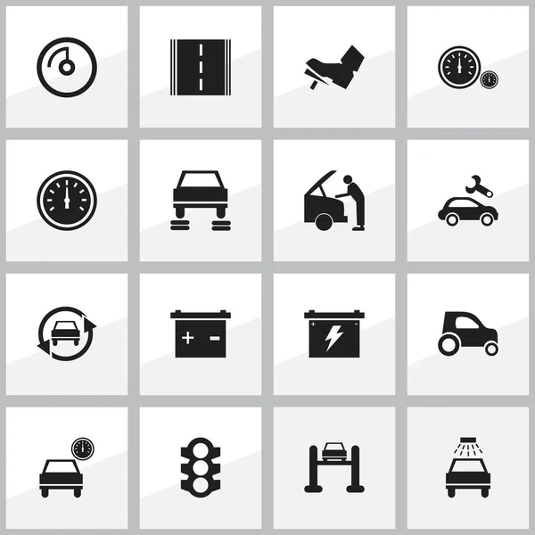 Set van 16 bewerkbare vervoer iconen. Bevat symbolen zoals auto vaststelling, snelweg, auto Lave en meer. Kan worden gebruikt voor Web, Mobile, Ui en Infographic Design. — Stockvector