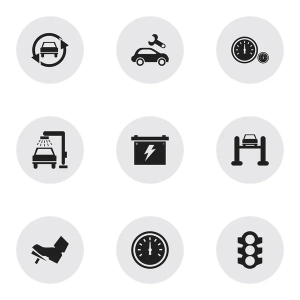 Satz von 9 editierbaren Transport-Symbolen. beinhaltet Symbole wie Automotive Fix, Tuning Auto, Geschwindigkeitskontrolle und vieles mehr. kann für Web-, Mobil-, UI- und Infografik-Design verwendet werden. — Stockvektor