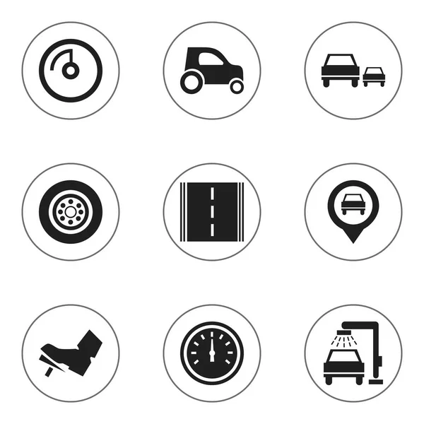 Satz von 9 editierbaren Transport-Symbolen. beinhaltet Symbole wie Trittbrett, Zeiger, Rasse und mehr. kann für Web-, Mobil-, UI- und Infografik-Design verwendet werden. — Stockvektor