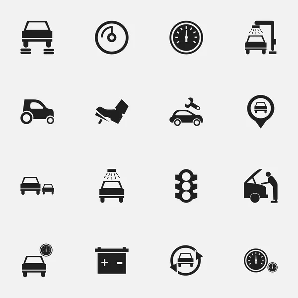 Satz von 16 editierbaren Auto-Symbolen. beinhaltet Symbole wie Lauffläche, Akku, Fahrzeug Auto und vieles mehr. kann für Web-, Mobil-, UI- und Infografik-Design verwendet werden. — Stockvektor