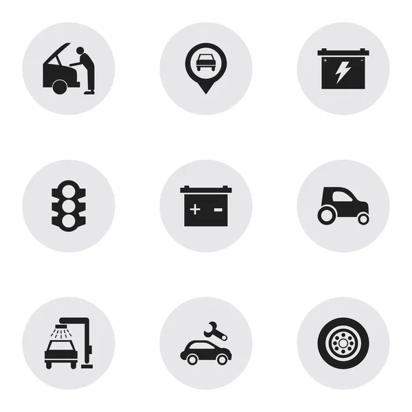 Set di 9 icone auto modificabili. Include simboli come pneumatici, puntatore, lavaggio del veicolo e altro ancora. Può essere utilizzato per la progettazione web, mobile, UI e infografica . — Vettoriale Stock