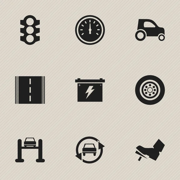 Set van 9 bewerkbare verkeer iconen. Bevat symbolen zoals Stoplight, pedaal, Tuning Auto en meer. Kan worden gebruikt voor Web, Mobile, Ui en Infographic Design. — Stockvector
