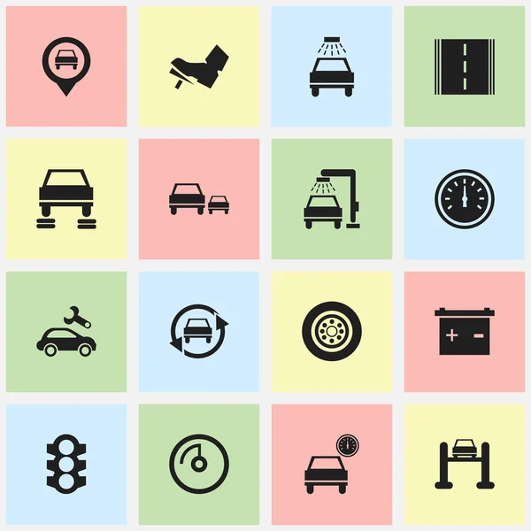 Set Of 16 Editable Car Icons. Includes Symbols Such As Tire, Speed Display, Highway And More. Can Be Used For Web, Mobile, UI And Infographic Design.