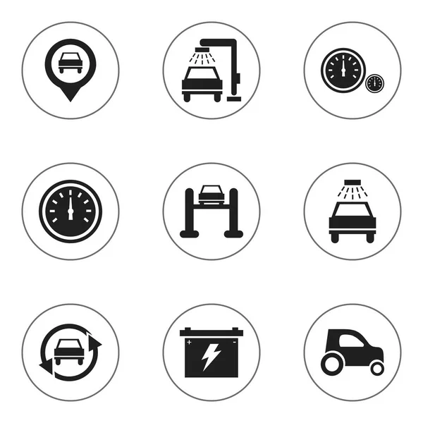 Set von 9 editierbaren Auto-Symbolen. beinhaltet Symbole wie Autoklave, Tacho, Autoservice und vieles mehr. kann für Web-, Mobil-, UI- und Infografik-Design verwendet werden. — Stockvektor