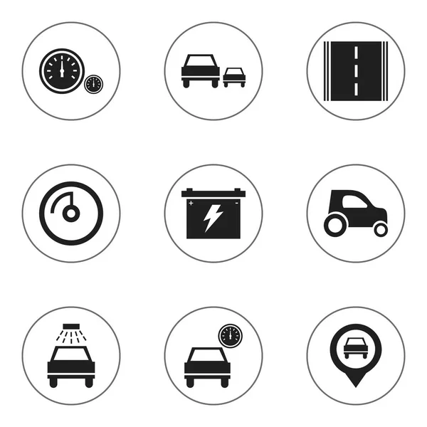 Set van 9 bewerkbare verkeer iconen. Bevat symbolen zoals snelheidsmeter, Race, snelheid Display en meer. Kan worden gebruikt voor Web, Mobile, Ui en Infographic Design. — Stockvector