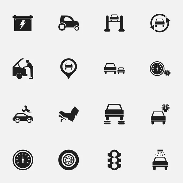 Set van 16 bewerkbare vervoer iconen. Bevat symbolen zoals snelheidsregeling, Race, aanwijzer en meer. Kan worden gebruikt voor Web, Mobile, Ui en Infographic Design. — Stockvector