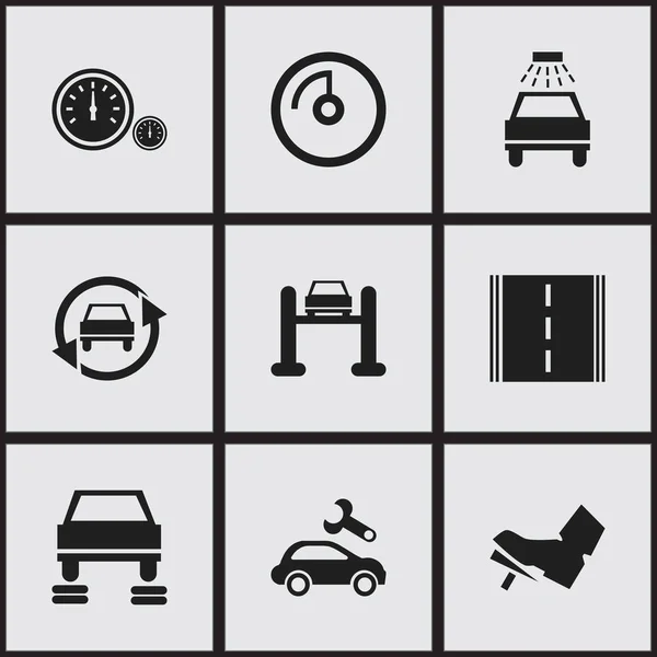 Conjunto de 9 Ícones de carro editável. Inclui símbolos como Treadle, Auto Service, velocímetro e muito mais. Pode ser usado para Web, Mobile, UI e design infográfico . — Vetor de Stock