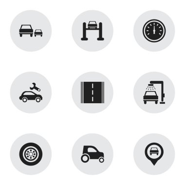 9 düzenlenebilir araba simgeler kümesi. Oto Servisi, yarış, otoyol ve daha fazlası gibi simgeler içerir. Web, mobil, UI ve Infographic tasarımı için kullanılabilir.