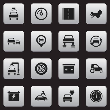 16 düzenlenebilir Rating simgeler kümesi. Oto tamir, otomotiv düzeltme, akü ve daha fazla gibi simgeler içerir. Web, mobil, UI ve Infographic tasarımı için kullanılabilir.