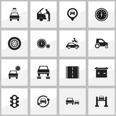 16 düzenlenebilir taşıma simgeler kümesi. Akümülatör, yarış, araba yıkanmak gibi sembolleri içerir ve daha fazlası. Web, mobil, UI ve Infographic tasarımı için kullanılabilir.