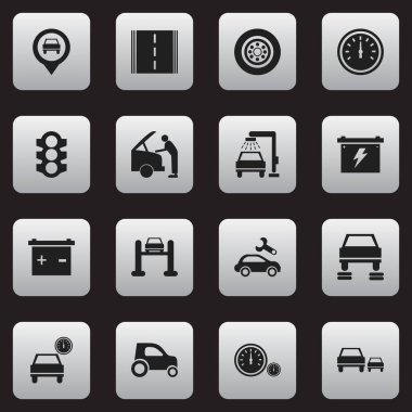 16 düzenlenebilir Rating simgeler kümesi. Otoyol, oto tamir, akü ve daha fazla gibi simgeler içerir. Web, mobil, UI ve Infographic tasarımı için kullanılabilir.