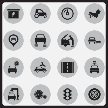 16 düzenlenebilir araç simgeler kümesi. Trafik ışığı, otomotiv düzeltme, yarış ve daha fazlası gibi simgeler içerir. Web, mobil, UI ve Infographic tasarımı için kullanılabilir.
