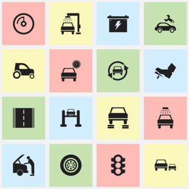 16 düzenlenebilir taşıma simgeler kümesi. Hız ekran, batarya, pedalla ve daha fazlası gibi simgeler içerir. Web, mobil, UI ve Infographic tasarımı için kullanılabilir.