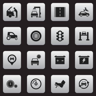 16 düzenlenebilir araç simgeler kümesi. Tuning Oto, oto Servisi, araç yıkama ve daha fazlası gibi simgeler içerir. Web, mobil, UI ve Infographic tasarımı için kullanılabilir.