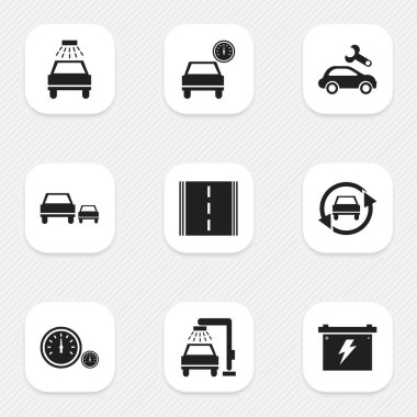 9 düzenlenebilir taşıma simgeler kümesi. Yarış, Otoban, hız ve daha fazlası gibi simgeler içerir. Web, mobil, UI ve Infographic tasarımı için kullanılabilir.