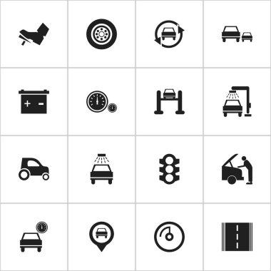 16 düzenlenebilir araba simgeler kümesi. Araç Araba, hız göstergesi, akü ve daha fazla gibi simgeler içerir. Web, mobil, UI ve Infographic tasarımı için kullanılabilir.