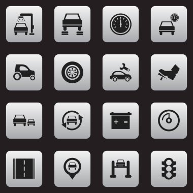 16 düzenlenebilir araç simgeler kümesi. Otomobil, oto Servisi, hız ekran ve daha fazlası gibi simgeler içerir. Web, mobil, UI ve Infographic tasarımı için kullanılabilir.