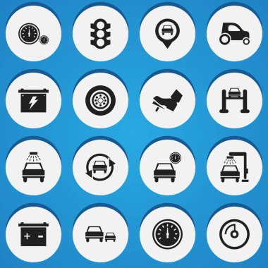 16 düzenlenebilir araç simgeler kümesi. Otomatik, pil, otomobil tuning yıkanmak gibi sembolleri içerir ve daha fazlası. Web, mobil, UI ve Infographic tasarımı için kullanılabilir.