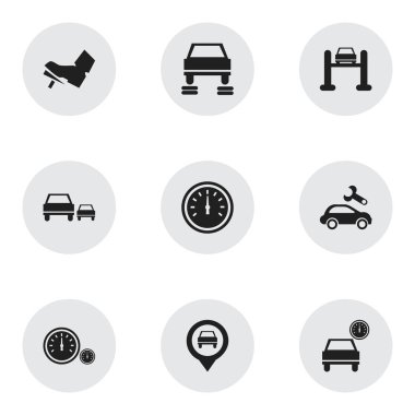 9 düzenlenebilir taşıma simgeler kümesi. Oto tamir, işaretçi, hız ve daha fazlası gibi simgeler içerir. Web, mobil, UI ve Infographic tasarımı için kullanılabilir.