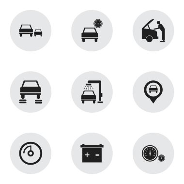 9 düzenlenebilir araç simgeler kümesi. Akümülatör, hız ekran, arabayı tamir ve daha fazlası gibi simgeler içerir. Web, mobil, UI ve Infographic tasarımı için kullanılabilir.