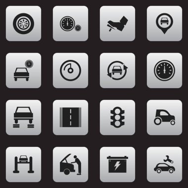 16 düzenlenebilir taşıma simgeler kümesi. Araba tamir, pil, otomobil ve daha fazlası gibi simgeler içerir. Web, mobil, UI ve Infographic tasarımı için kullanılabilir.