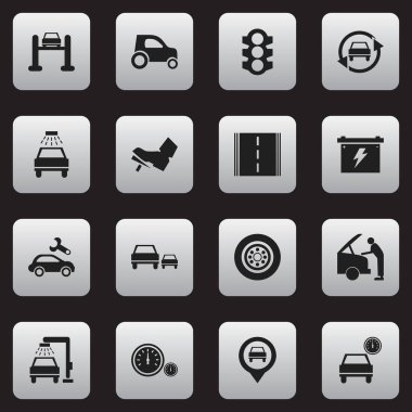 16 düzenlenebilir taşıma simgeler kümesi. Pedalla, lastik, otoyol ve daha fazlası gibi simgeler içerir. Web, mobil, UI ve Infographic tasarımı için kullanılabilir.