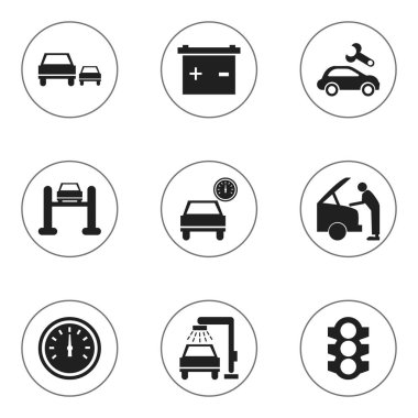 9 düzenlenebilir araç simgeler kümesi. Yarış, araba tamir, hız kontrolü ve daha fazlası gibi simgeler içerir. Web, mobil, UI ve Infographic tasarımı için kullanılabilir.