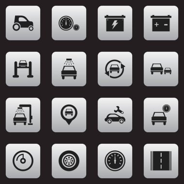16 düzenlenebilir taşıma simgeler kümesi. Ayarlama otomatik gibi simgeler araç Araba, hız ekran ve daha fazlasını içerir. Web, mobil, UI ve Infographic tasarımı için kullanılabilir.