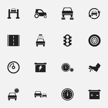 16 düzenlenebilir araç simgeler kümesi. Pedalla, oto tamir, otomobil ve daha fazlası gibi simgeler içerir. Web, mobil, UI ve Infographic tasarımı için kullanılabilir.