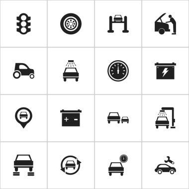 16 düzenlenebilir araç simgeler kümesi. Tuning Oto, araba tamir, lastik ve daha fazlası gibi simgeler içerir. Web, mobil, UI ve Infographic tasarımı için kullanılabilir.