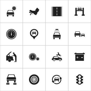 16 düzenlenebilir araba simgeler kümesi. Akümülatör, pedalla, araba yıkanmak gibi sembolleri içerir ve daha fazlası. Web, mobil, UI ve Infographic tasarımı için kullanılabilir.