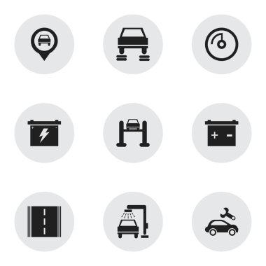 9 düzenlenebilir araba simgeler kümesi. Hız ekran, akümülatör, otoyol ve daha fazlası gibi simgeler içerir. Web, mobil, UI ve Infographic tasarımı için kullanılabilir.