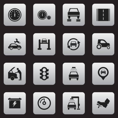 16 düzenlenebilir araba simgeler kümesi. Oto Servisi, işaretçi, hız ekran ve daha fazlası gibi simgeler içerir. Web, mobil, UI ve Infographic tasarımı için kullanılabilir.