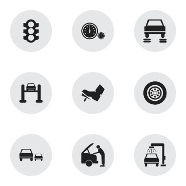 9 düzenlenebilir araç simgeler kümesi. Oto tamir, pedalla, arabayı tamir ve daha fazlası gibi simgeler içerir. Web, mobil, UI ve Infographic tasarımı için kullanılabilir.