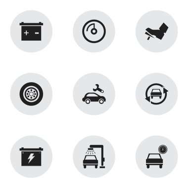 9 düzenlenebilir araç simgeler kümesi. Lastik, Oto, otomotiv düzeltme, daha fazla ayarlama gibi simgeler içerir. Web, mobil, UI ve Infographic tasarımı için kullanılabilir.