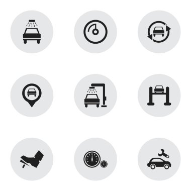 9 düzenlenebilir taşıma simgeler kümesi. İşaretçi, otomotiv düzeltme, araç yıkama ve daha fazlası gibi simgeler içerir. Web, mobil, UI ve Infographic tasarımı için kullanılabilir.
