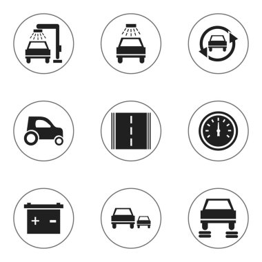 9 düzenlenebilir taşıma simgeler kümesi. Oto tamir, hız kontrolü, araba yıkanmak gibi sembolleri içerir ve daha fazlası. Web, mobil, UI ve Infographic tasarımı için kullanılabilir.