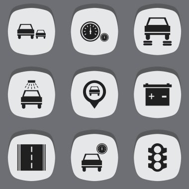 9 düzenlenebilir araba simgeler kümesi. Hız göstergesi, Otoban, yarış ve daha fazlası gibi simgeler içerir. Web, mobil, UI ve Infographic tasarımı için kullanılabilir.