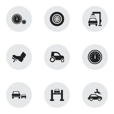9 düzenlenebilir araba simgeler kümesi. Araç Araba, lastik, hız ve daha fazlası gibi simgeler içerir. Web, mobil, UI ve Infographic tasarımı için kullanılabilir.