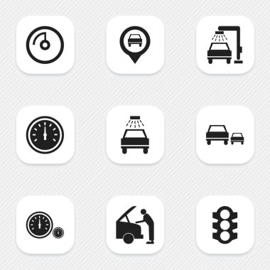 9 düzenlenebilir Rating simgeler kümesi. Trafik ışığı, araç yıkama, hız ekran ve daha fazlası gibi simgeler içerir. Web, mobil, UI ve Infographic tasarımı için kullanılabilir.