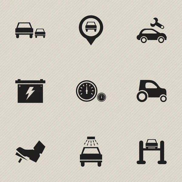 Conjunto de 9 Ícones de transporte editáveis. Inclui símbolos como corrida, Treadle, serviço de automóvel e muito mais. Pode ser usado para Web, Mobile, UI e design infográfico . — Vetor de Stock
