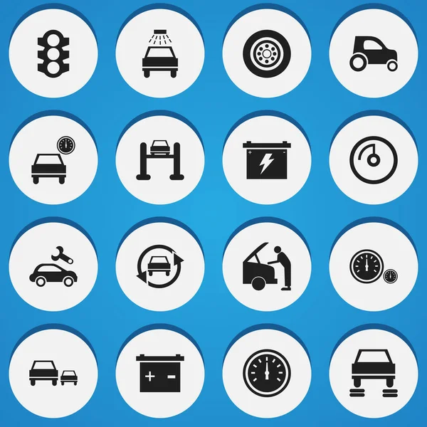 Σύνολο των 16 εικονίδια επεξεργάσιμο μεταφορών. Περιλαμβάνει σύμβολα όπως αυτοκινήτων, Auto Service, οθόνη ταχύτητας και περισσότερο. Μπορεί να χρησιμοποιηθεί για Web, Mobile, Ui και σχεδίασης γραφήματος. — Διανυσματικό Αρχείο