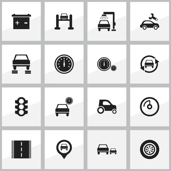 Set van 16 bewerkbare voertuig iconen. Bevat symbolen zoals auto, snelheid Display, accu en meer. Kan worden gebruikt voor Web, Mobile, Ui en Infographic Design. — Stockvector