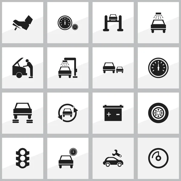 Set van 16 bewerkbare voertuig iconen. Bevat symbolen zoals pedaal, auto vaststelling, stoplicht en meer. Kan worden gebruikt voor Web, Mobile, Ui en Infographic Design. — Stockvector