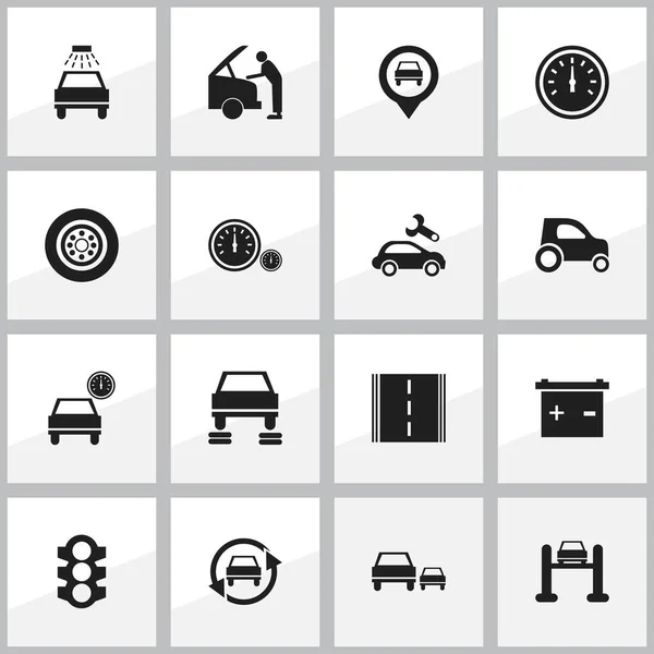 Conjunto de 16 ícones de transporte editáveis. Inclui símbolos como acumulador, corrida, carro Lave e muito mais. Pode ser usado para Web, Mobile, UI e design infográfico . — Vetor de Stock
