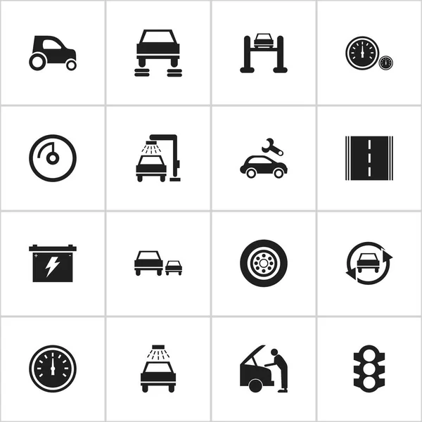 Satz von 16 editierbaren Auto-Symbolen. beinhaltet Symbole wie Autoreparatur, Batterie, Stopplicht und vieles mehr. kann für Web-, Mobil-, UI- und Infografik-Design verwendet werden. — Stockvektor