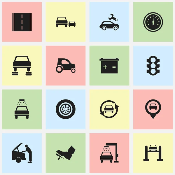 Σύνολο των 16 εικονίδια επεξεργάσιμο μεταφορών. Περιλαμβάνει σύμβολα όπως Auto Service, πλυσίματος οχημάτων, ελαστικών και περισσότερα. Μπορεί να χρησιμοποιηθεί για Web, Mobile, Ui και σχεδίασης γραφήματος. — Διανυσματικό Αρχείο