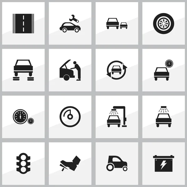 Set van 16 bewerkbare auto iconen. Bevat symbolen zoals auto, pedaal, stoplicht en meer. Kan worden gebruikt voor Web, Mobile, Ui en Infographic Design. — Stockvector